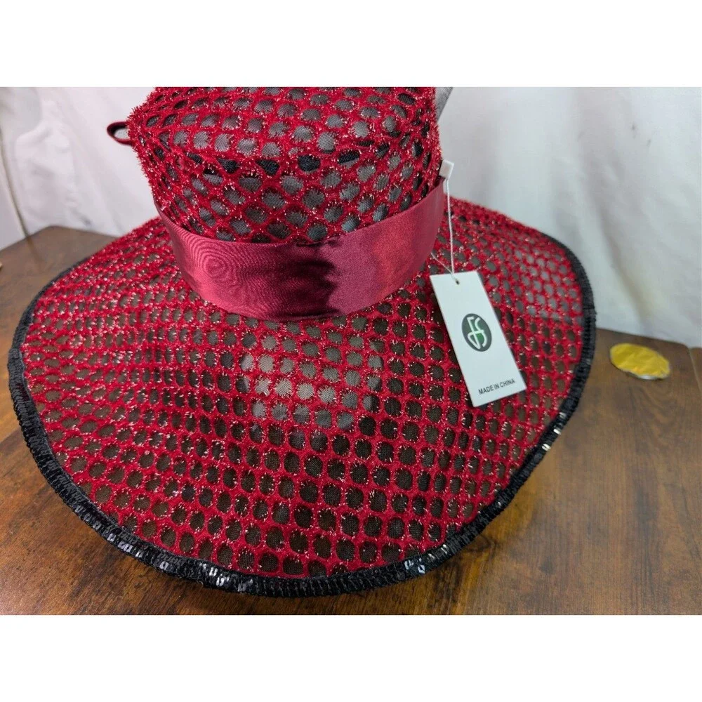 NWT FS Professional Ladies Hat Red Black Wide Brim Kentucky Derby Church Tea